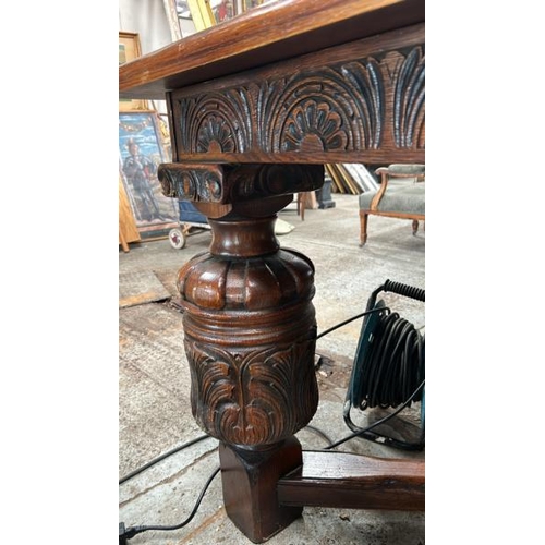 1503 - HARRODS CARVED REFECTORY ROYAL OAK DINING TABLE WITH BULBOUS CUP & COVER LEGS LEADING DOWN TO BLOCK ... 