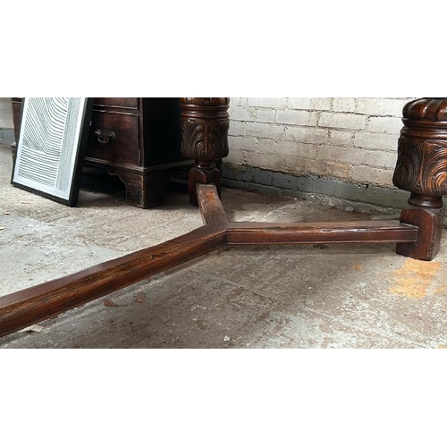 1503 - HARRODS CARVED REFECTORY ROYAL OAK DINING TABLE WITH BULBOUS CUP & COVER LEGS LEADING DOWN TO BLOCK ... 
