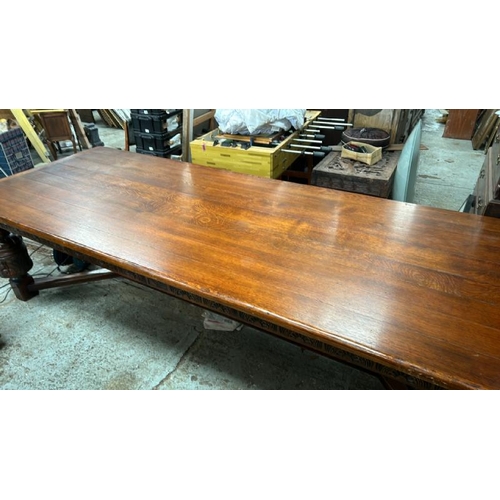 1503 - HARRODS CARVED REFECTORY ROYAL OAK DINING TABLE WITH BULBOUS CUP & COVER LEGS LEADING DOWN TO BLOCK ... 