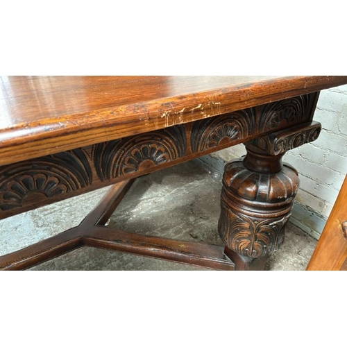 1503 - HARRODS CARVED REFECTORY ROYAL OAK DINING TABLE WITH BULBOUS CUP & COVER LEGS LEADING DOWN TO BLOCK ... 
