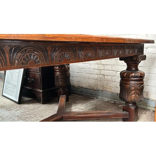 1503 - HARRODS CARVED REFECTORY ROYAL OAK DINING TABLE WITH BULBOUS CUP & COVER LEGS LEADING DOWN TO BLOCK ... 