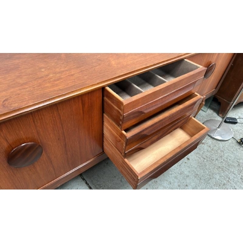 1517 - VINTAGE TEAK SIDEBOARD WITH THREE DRAWERS AND TWO SLIDING DOORS, 185 X 79 X 45CM / ALL LOTS ARE LOCA... 