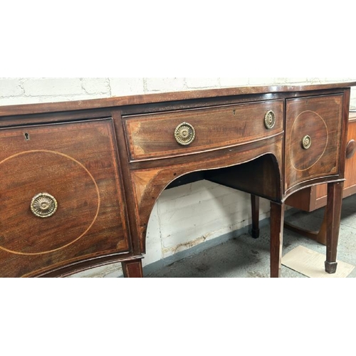 1521 - A BOW-FRONT INLAID MAHOGANY DRESSING TABLE WITH TWO SIDE CUPBOARDS AND ONE DRAWER, 153 X 97 X 67CM /... 