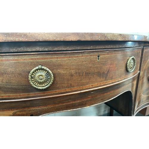 1521 - A BOW-FRONT INLAID MAHOGANY DRESSING TABLE WITH TWO SIDE CUPBOARDS AND ONE DRAWER, 153 X 97 X 67CM /... 