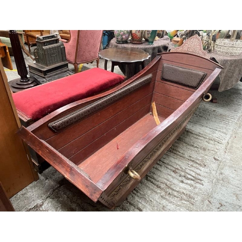 1542 - A DECORATIVE SHIP'S BED, WITH BRASS SECURING LOOPS, COPPER AND BRASS INLAID DECORATION AND INTERIOR ... 