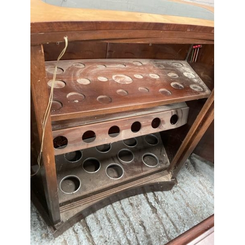 1546 - CURVED WOODEN BAR WITH INLAID GLASS WINDOW, FOLDING TOP. OPENED: 205 X 104 X 70CM / ALL LOTS ARE LOC... 
