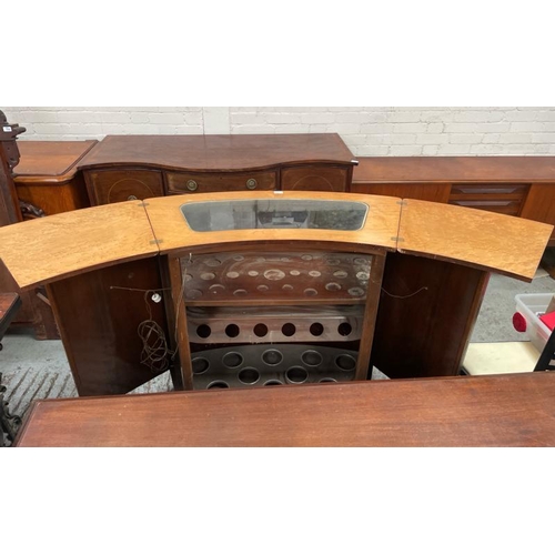 1546 - CURVED WOODEN BAR WITH INLAID GLASS WINDOW, FOLDING TOP. OPENED: 205 X 104 X 70CM / ALL LOTS ARE LOC... 