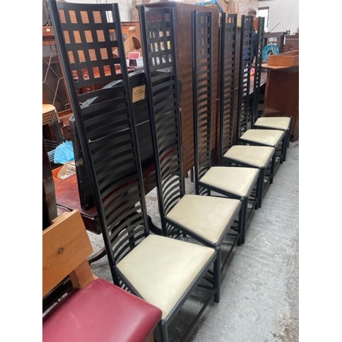 1547 - SIX HIGH-BACKED MODERN METAL CHAIRS WITH FAUX LEATHER CUSHION, 52 X 158 X 42CM / ALL LOTS ARE LOCATE... 