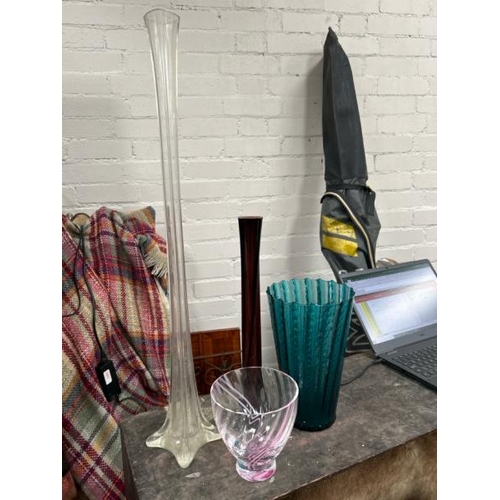 1757 - FOUR GLASS VASES INCLUDING A TALL SQUARE LILY VASE, 70CM HIGH  / ALL LOTS ARE LOCATED IN SL0 9LG, RE... 