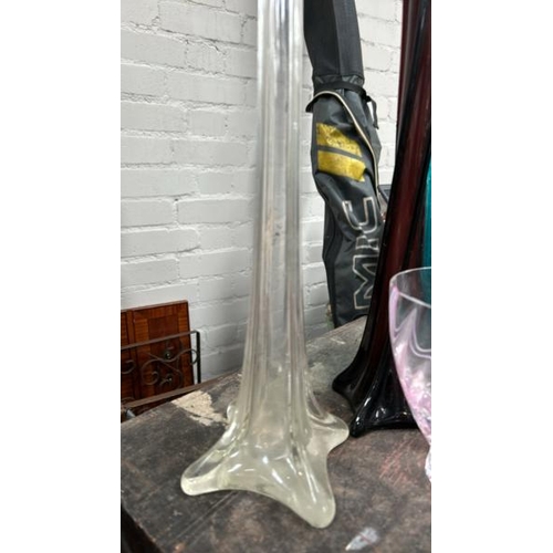 1757 - FOUR GLASS VASES INCLUDING A TALL SQUARE LILY VASE, 70CM HIGH  / ALL LOTS ARE LOCATED IN SL0 9LG, RE... 