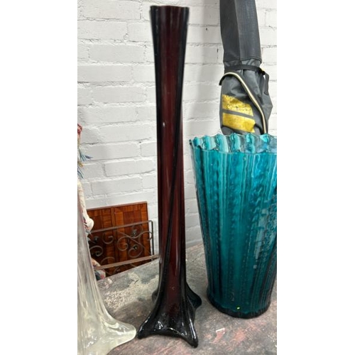 1757 - FOUR GLASS VASES INCLUDING A TALL SQUARE LILY VASE, 70CM HIGH  / ALL LOTS ARE LOCATED IN SL0 9LG, RE... 