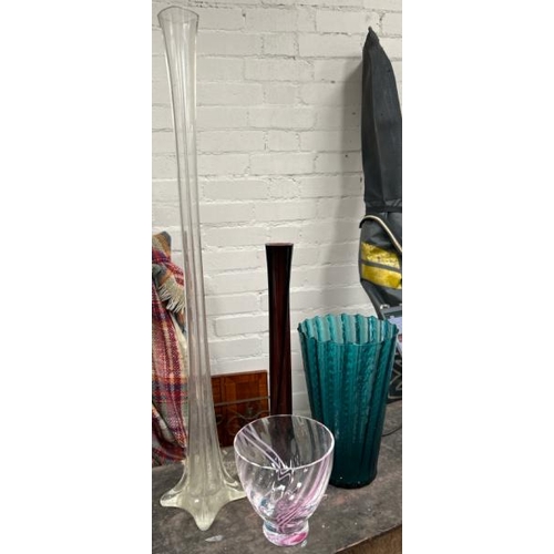 1757 - FOUR GLASS VASES INCLUDING A TALL SQUARE LILY VASE, 70CM HIGH  / ALL LOTS ARE LOCATED IN SL0 9LG, RE... 