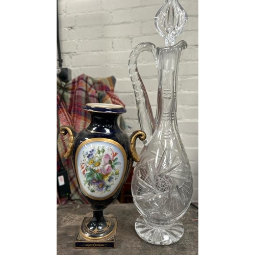 1762 - LARGE CUT GLASS WINE JUG WITH UNUSUAL STOPPER, 44CM HIGH AND FRENCH STYLE CERAMIC URN VASE  / ALL LO... 