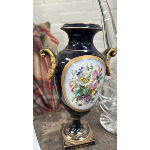 1762 - LARGE CUT GLASS WINE JUG WITH UNUSUAL STOPPER, 44CM HIGH AND FRENCH STYLE CERAMIC URN VASE  / ALL LO... 