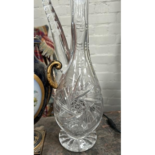 1762 - LARGE CUT GLASS WINE JUG WITH UNUSUAL STOPPER, 44CM HIGH AND FRENCH STYLE CERAMIC URN VASE  / ALL LO... 