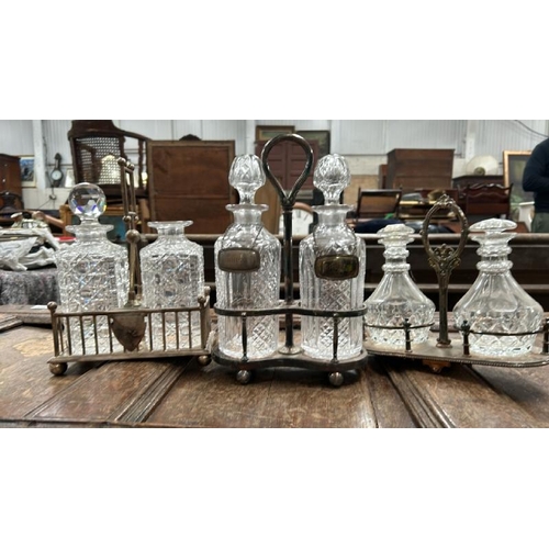 1765 - THREE SETS OF CUT GLASS DECANTERS IN PLATED HOLDERS  / ALL LOTS ARE LOCATED IN SL0 9LG, REGRETFULLY ... 