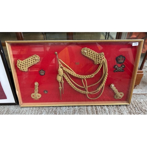 1792 - A FRAMED AND GLAZED MILITARY REGALIA, FRAMED SIZE 52CM (H) X 90CM (W) / ALL LOTS ARE LOCATED IN SL0 ... 