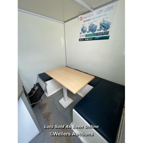 1003 - 6 PERSON 12 X 7.5FT AJC EASY CABIN TOWABLE WELFARE UNIT, INCLUDES WASH BASIN, KETTLE, MICROWAVE, SEA... 