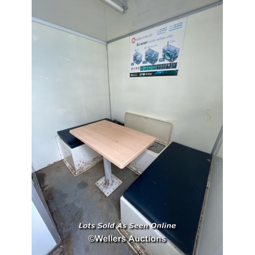 1009 - 6 PERSON 12 X 7.5FT AJC EASY CABIN TOWABLE WELFARE UNIT, INCLUDES WASH BASIN, KETTLE, MICROWAVE, SEA... 