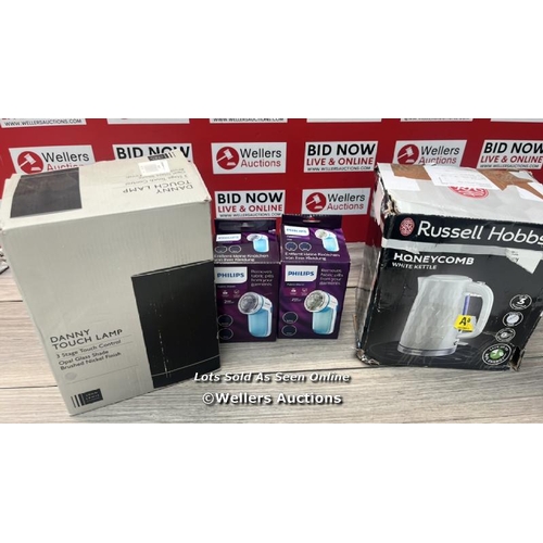 2X PHILIPS FABRIC SHAVERS, 1X JOHN LEWIS LIGHT AND RUSSELL HOBBS KETTEL