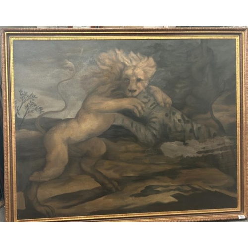 1803 - LARGE OIL ON CANVAS OF A FIGHTING LION AND TIGER WITH A SNAKE IN THE BACKGROUND, UNSIGNED. 142 X 112... 