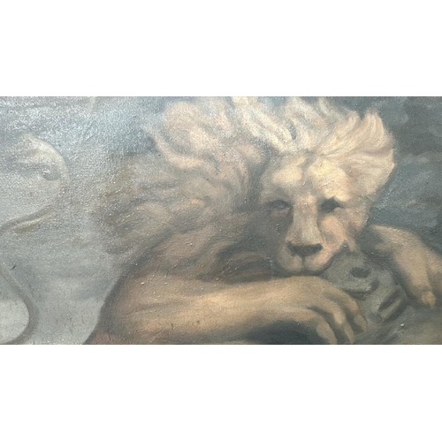 1803 - LARGE OIL ON CANVAS OF A FIGHTING LION AND TIGER WITH A SNAKE IN THE BACKGROUND, UNSIGNED. 142 X 112... 