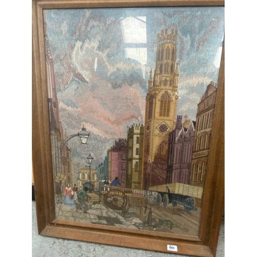 1804 - FRAMED AND GLAZED TAPESTRY OF A VICTORIAN TOWN SCENE , UNSIGNED. 71 X 94CM INC. FRAME