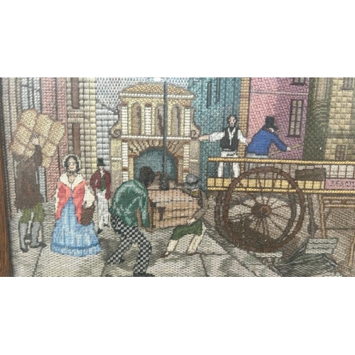 1804 - FRAMED AND GLAZED TAPESTRY OF A VICTORIAN TOWN SCENE , UNSIGNED. 71 X 94CM INC. FRAME