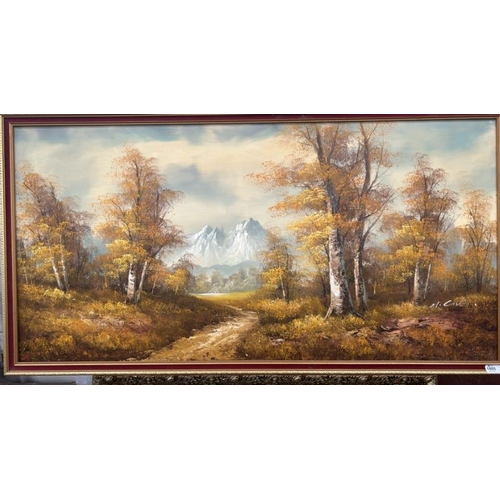 1805 - LANDSCAPE OIL ON CANVAS OF A WOODLAND SCENE WITH MOUNTAINS, SIGNED M. CARTER. 127 X 66CM INC. FRAME