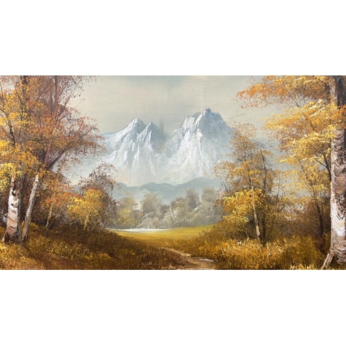 1805 - LANDSCAPE OIL ON CANVAS OF A WOODLAND SCENE WITH MOUNTAINS, SIGNED M. CARTER. 127 X 66CM INC. FRAME