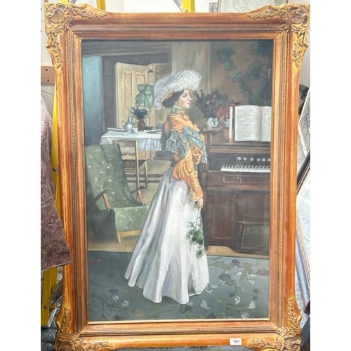 1807 - LARGE GILT FRAMED OIL ON CANVAS, PORTRAIT OF VICTORIAN LADY AT HOME, UNSIGNED. 80 X 105CM INC. FRAME