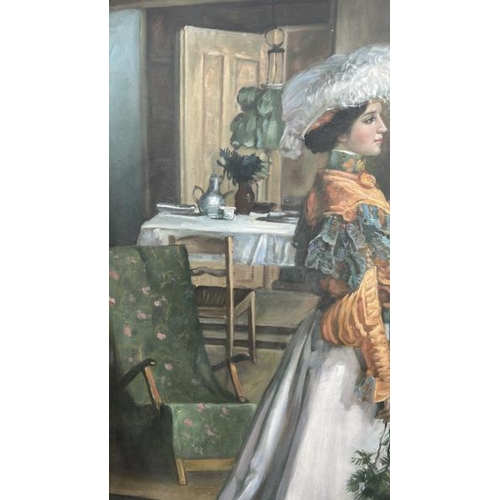 1807 - LARGE GILT FRAMED OIL ON CANVAS, PORTRAIT OF VICTORIAN LADY AT HOME, UNSIGNED. 80 X 105CM INC. FRAME