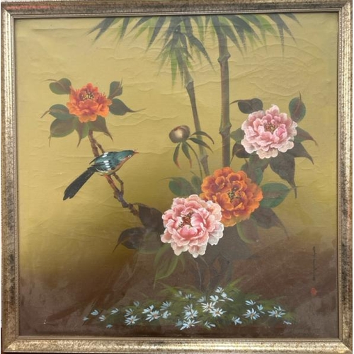 1809 - JAPANESE STYLE OIL ON CANVAS OF A BIRD AND FLOWERS, INDISTICTLY SIGNED, BUT SIGNED KO NING ON THE BA... 