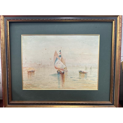 1810 - FRAMED WATERCOLOUR OF BOAT'S AT SEA, SIGNED P. PARISH 1904. 54 X 45CM INC. FRAME