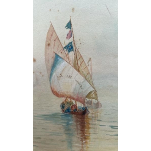 1810 - FRAMED WATERCOLOUR OF BOAT'S AT SEA, SIGNED P. PARISH 1904. 54 X 45CM INC. FRAME