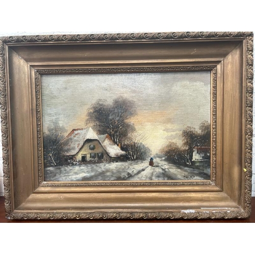 1811 - LARGE GILT FRAMED OIL ON BOARD OF A WINTER SCENE, INDISTINCTLY SIGNED. 59 X 79.5CM INC. FRAME