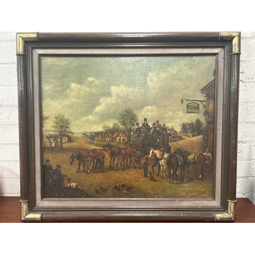 1812 - BRASS AND WOOD BOUND FRAMED, ANTIQUE OIL ON CANVAS OF A HISTORICAL SETTING WITH HORSE AND CARRIAGE, ... 