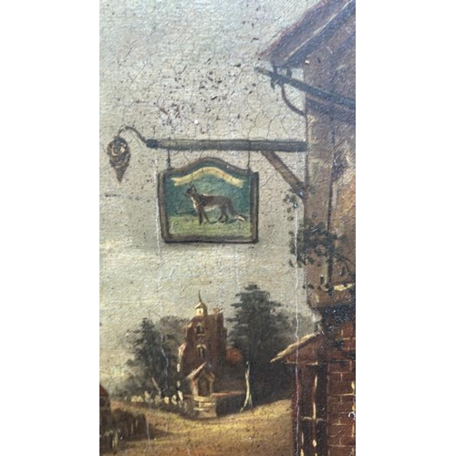 1812 - BRASS AND WOOD BOUND FRAMED, ANTIQUE OIL ON CANVAS OF A HISTORICAL SETTING WITH HORSE AND CARRIAGE, ... 