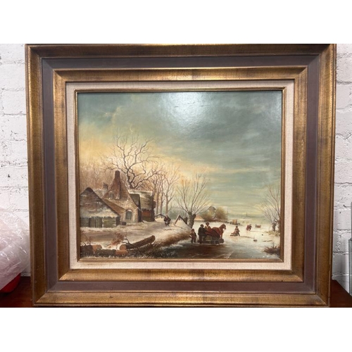 1813 - FRAMED OIL ON BOARD OF A WINTER SCENE, SIGNED M. MICHELS. 83 X 73.5 INC. FRAME