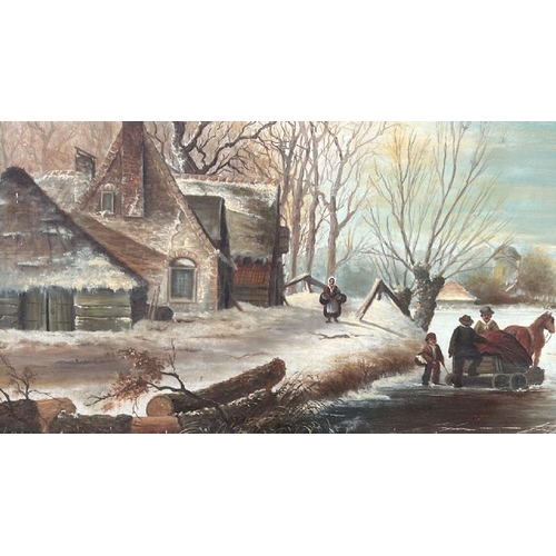 1813 - FRAMED OIL ON BOARD OF A WINTER SCENE, SIGNED M. MICHELS. 83 X 73.5 INC. FRAME