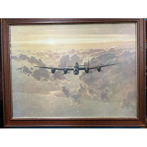 1814 - FRAMED GERALD COULSON PRINT OF A SECOND WORLD WAR 'OUTBOUND LANCASTER CROSSING EAST COAST'. 87 X 69C... 