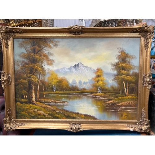 1815 - GILT FRAMED OIL ON CANVAS OF A FOREST RIVER MOUNTAIN SETTING, SIGNED 'BARRY'. 106 X 76CM INC. FRAME