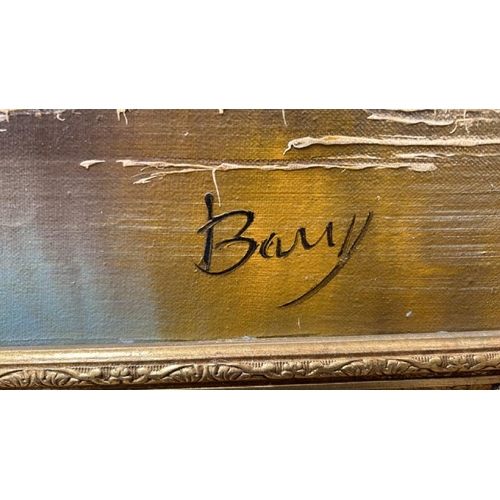 1815 - GILT FRAMED OIL ON CANVAS OF A FOREST RIVER MOUNTAIN SETTING, SIGNED 'BARRY'. 106 X 76CM INC. FRAME