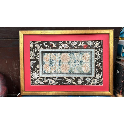 1819 - THREE FRAMED ORIENTAL SILK EMBROIDERIES, ALL OF BIRDS AND FLOWERS. LARGEST 84 X 59CM INC. FRAME