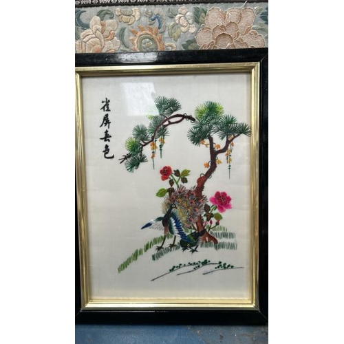 1819 - THREE FRAMED ORIENTAL SILK EMBROIDERIES, ALL OF BIRDS AND FLOWERS. LARGEST 84 X 59CM INC. FRAME