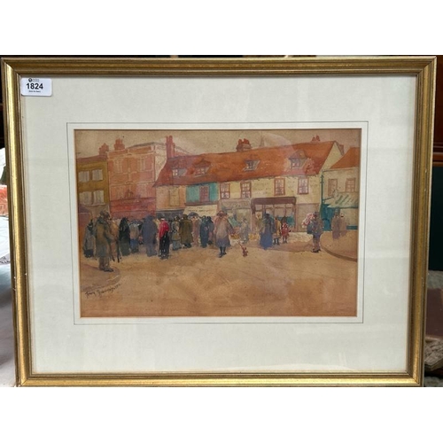 1824 - FRAMED WATERCOLOUR DEPICTING A TOWN SCENE, INDISTINCTLY SIGNED AND DATED 1919. 54 X 44CM INC. FRAME