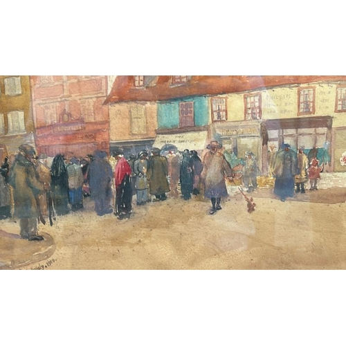 1824 - FRAMED WATERCOLOUR DEPICTING A TOWN SCENE, INDISTINCTLY SIGNED AND DATED 1919. 54 X 44CM INC. FRAME