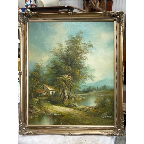 1826 - FRAMED OIL ON CANVAS DEPICTING HOUSE BY A LAKE, SIGNED I. CAFIER. 59 X 69CM INC. FRAME