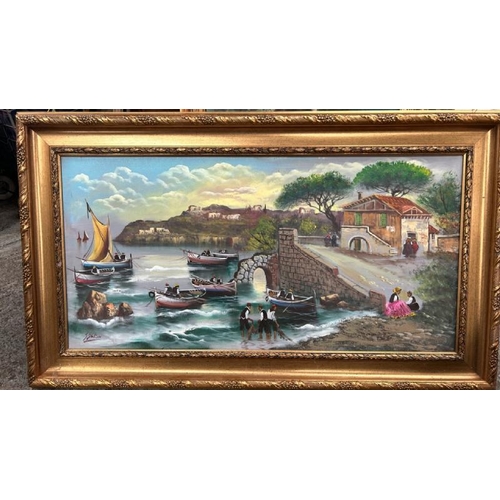 1832 - LARGE GILT FRAMED OIL ON CANVAS DEPICTING MEDITERRANEAN COVE, INDISTINCTLY SIGNED. 147.5 X 85CM INC.... 