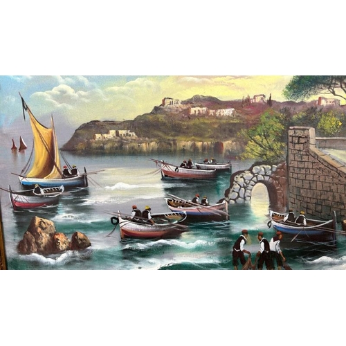 1832 - LARGE GILT FRAMED OIL ON CANVAS DEPICTING MEDITERRANEAN COVE, INDISTINCTLY SIGNED. 147.5 X 85CM INC.... 